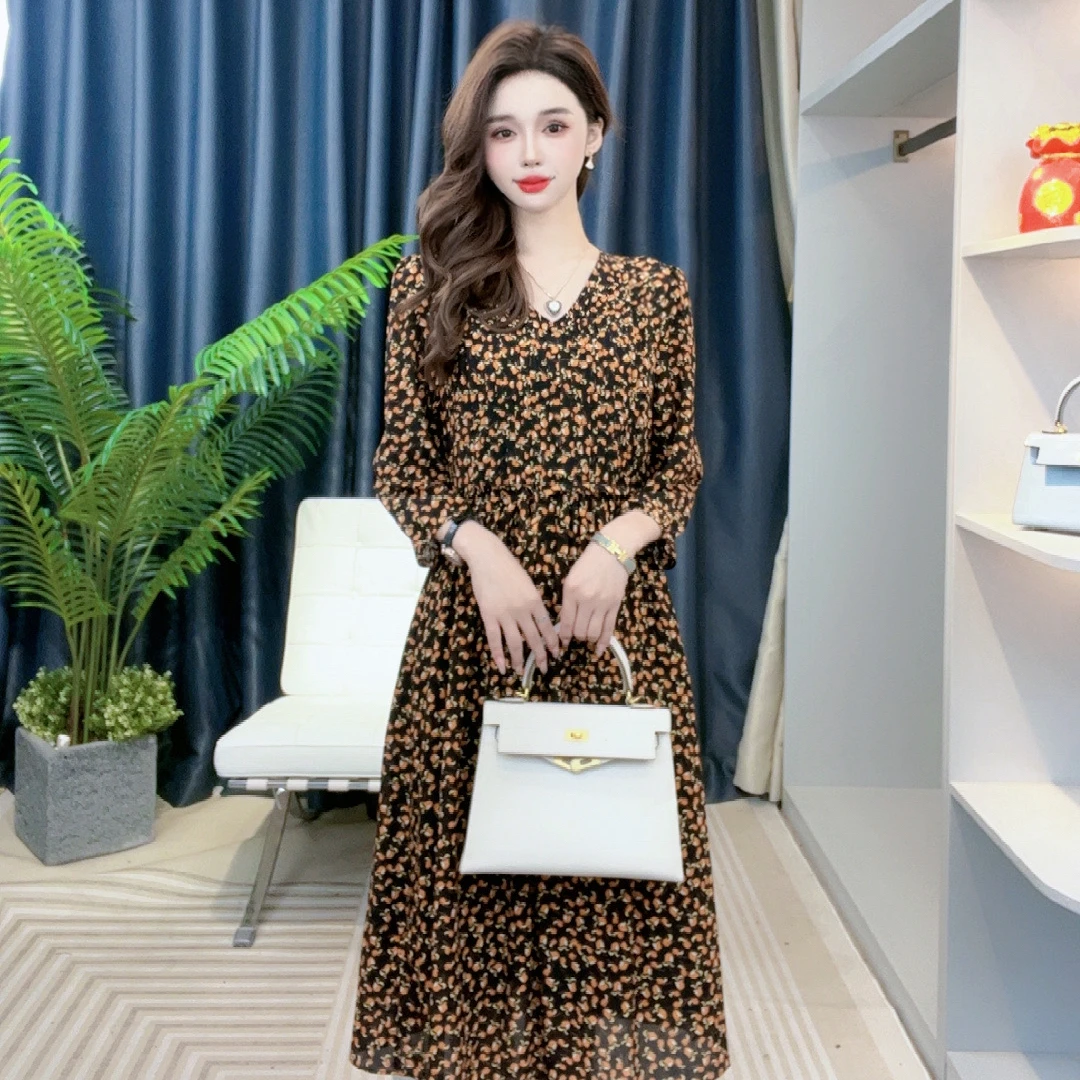 碎花显瘦气质收腰真丝连衣裙90138