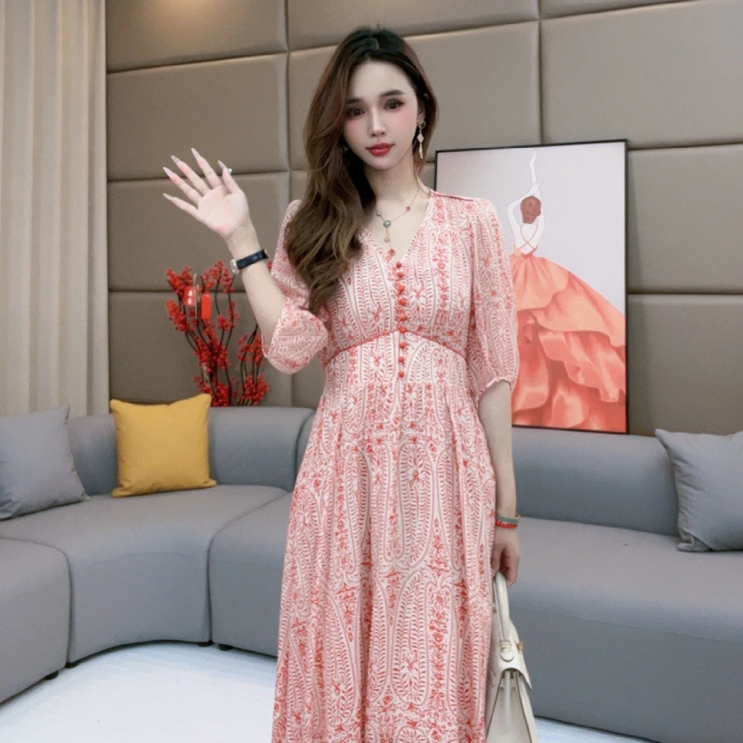 ''橘红色花纹''真丝连衣裙90273女装连衣裙碎花气质时尚收腰印花