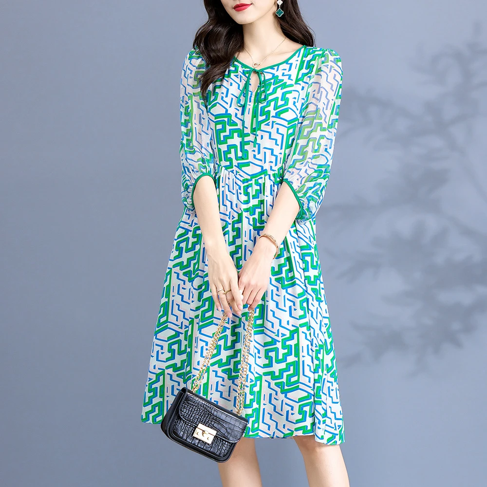 夏季新品女装中长款系带蝴蝶结宽松显瘦真丝连衣裙90012