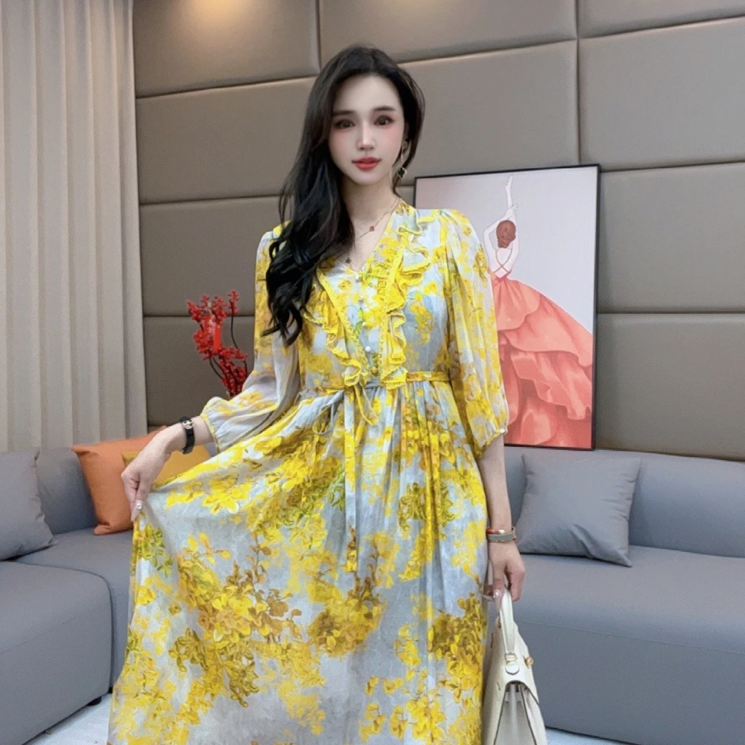 ''黄底碎花''真丝连衣裙90029收腰女装连衣裙碎花气质时尚法式