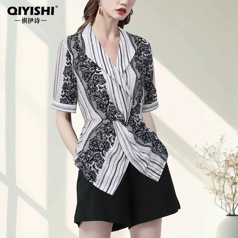 雪纺衫女短袖上衣西装领收腰衬衫设计感印花衬衣2024夏季SH231915