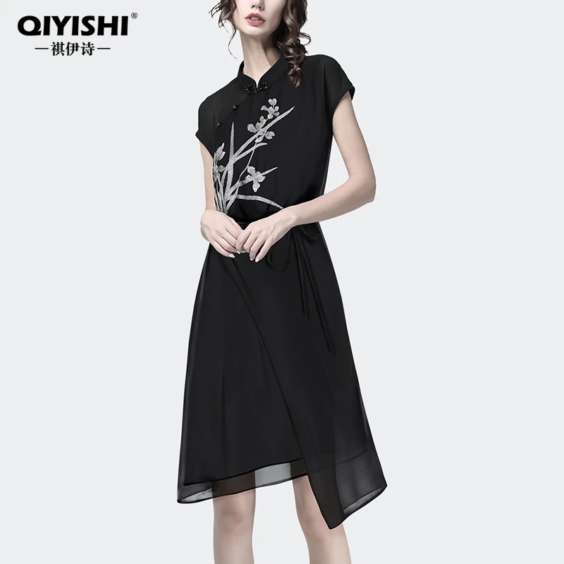 新中式国风改良刺绣时尚女中长款不规则短袖显瘦打底裙LF243265