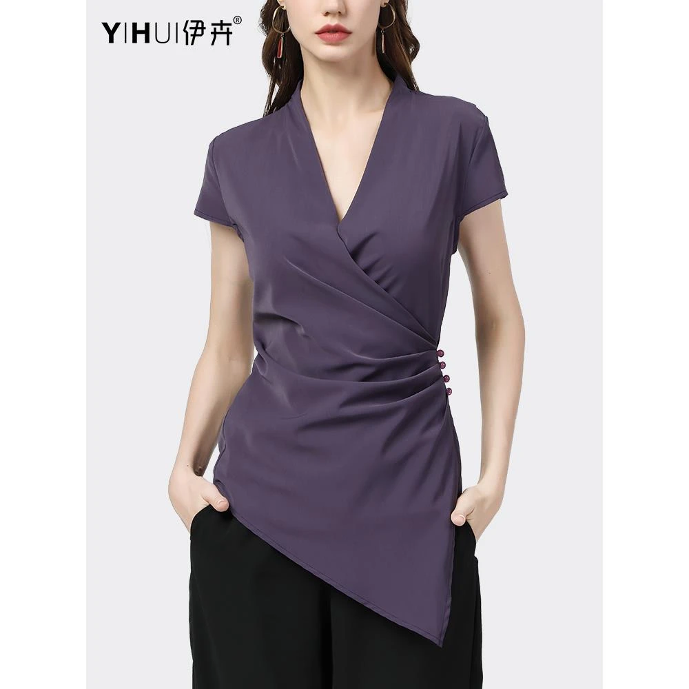 洋气衬衫女夏季雪纺衫设计感小众短袖上衣v领收腰中长款SF12136