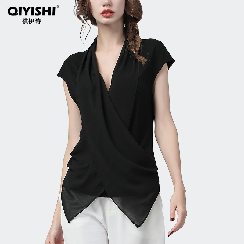 短袖小众雪纺衫收腰上衣女夏V领显瘦小衫百搭黑色衬衫洋气SC10966