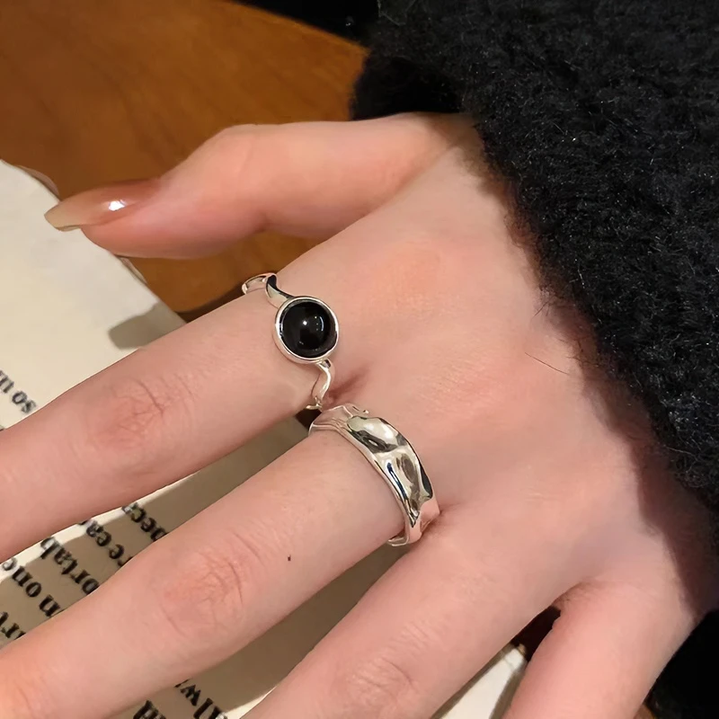 黑色锆石波浪高级小众设计对戒素圈指环个性简约戒指
