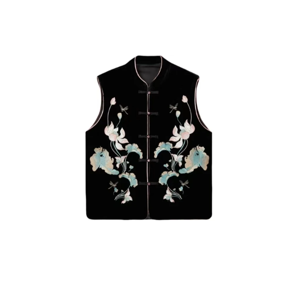 9062-新中式国风高档金丝绒刺绣马甲外套外穿女士立领盘扣马甲