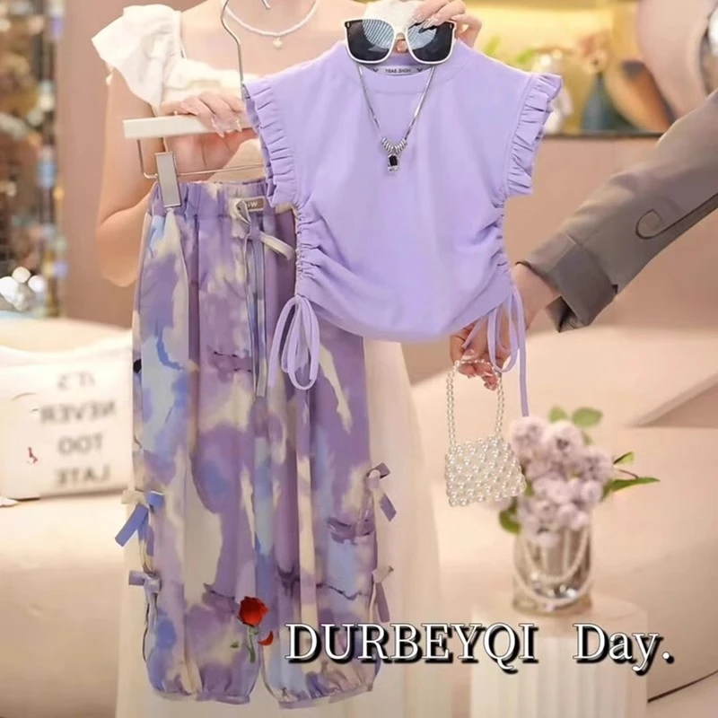 女童夏季时髦洋气休闲套装女孩无袖紫色抽绳背心衫防蚊裤两件套潮