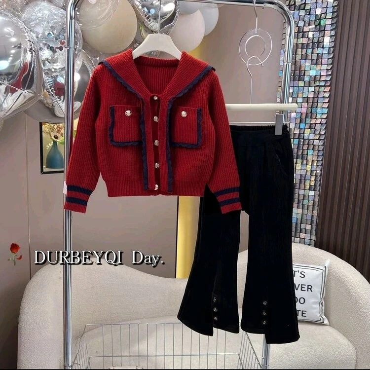 女童毛衣外套喇叭裤套装2024新款秋冬儿童甜美海军领针织衫牛仔裤