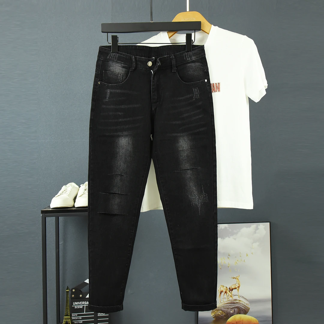 高品质男士潮流破洞牛仔裤2024夏季新款潮牌黑色修身弹力九分裤子