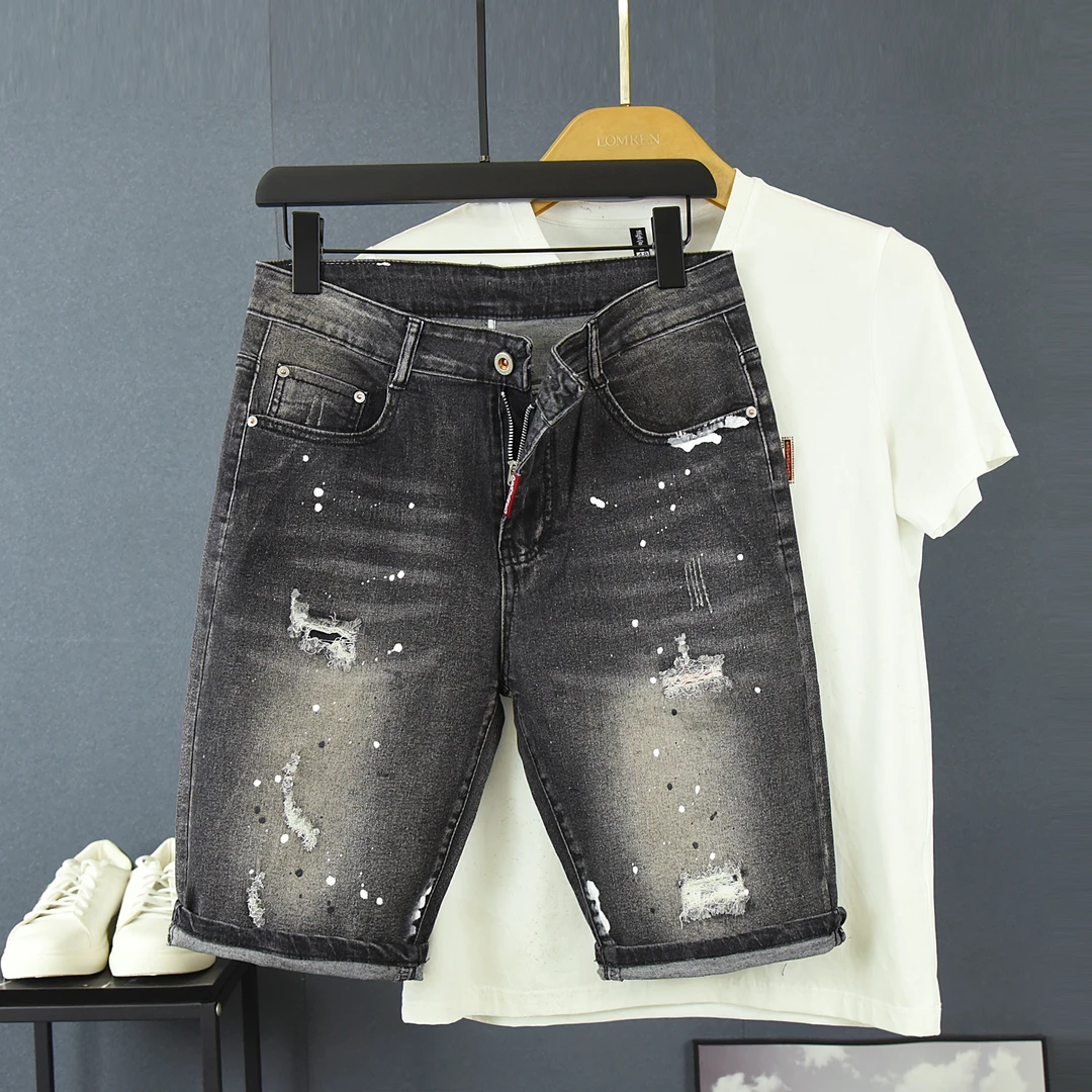 男士夏季薄款高品质潮流牛仔短裤2024新款泼墨修身弹力破洞五分裤