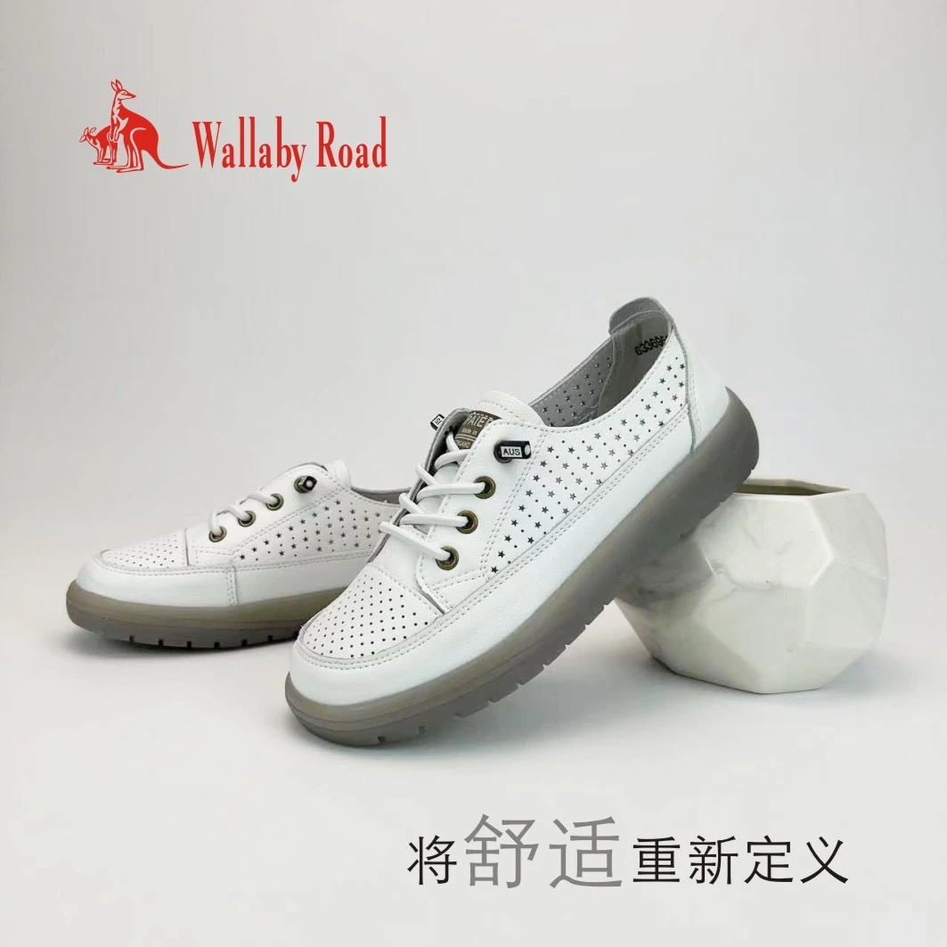 袋鼠时尚平底冲孔休闲软底软面妈妈鞋正品百搭透气女士白色小白鞋