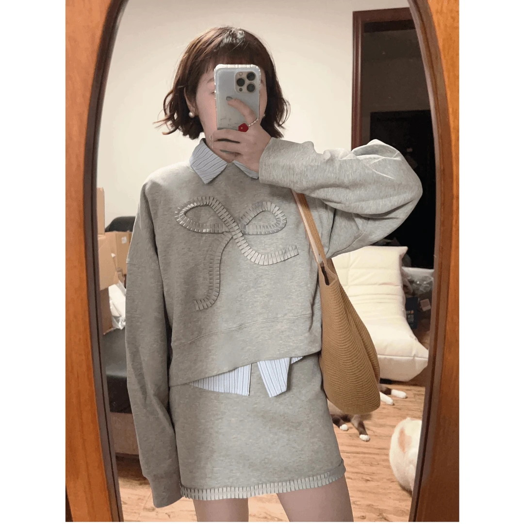 【众和梦】9345蝴蝶结显瘦卫衣秋季新款半身裙一整套休闲运动套装