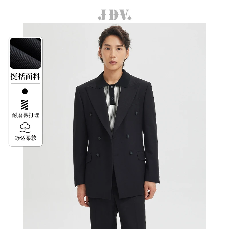 JDV男装春秋黑色双排扣长袖戗驳领通勤商务西服西装外套WMM3922