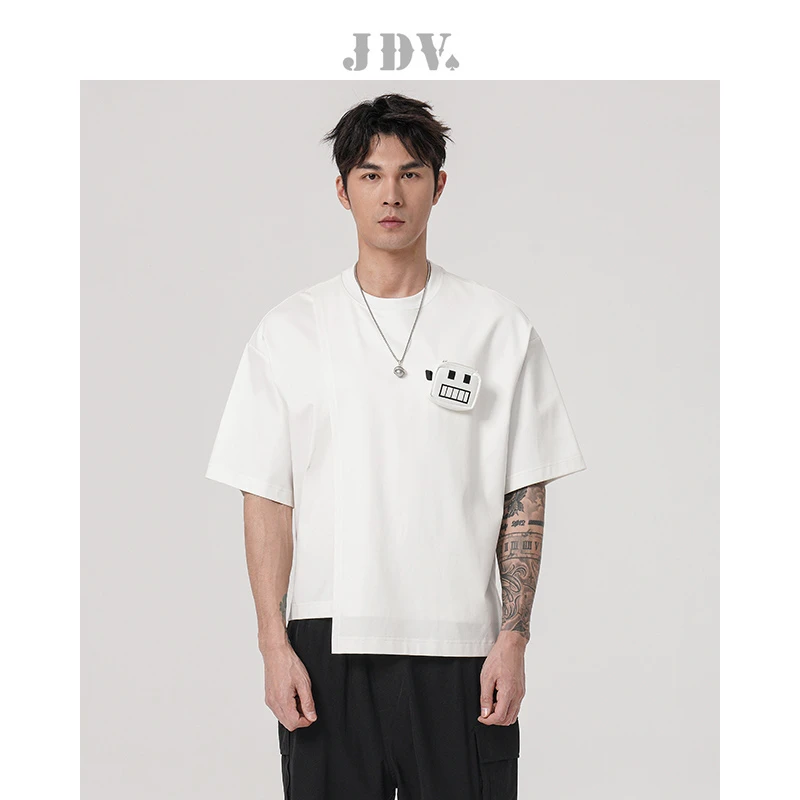 JDV男士2023春夏商场同款休闲白色圆领印花莱赛尔百搭短袖T恤上衣