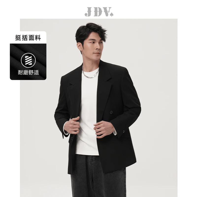 JDV男装2023商场同款秋季黑色平驳领双排扣西装西服外套WMJ3008