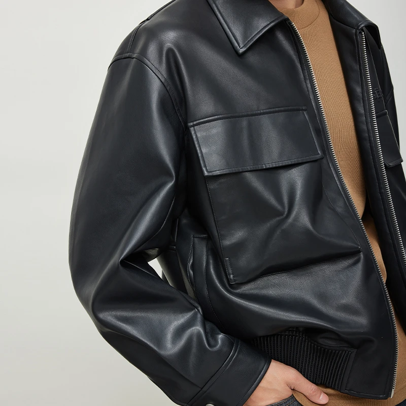 JDV男装2023秋冬新款黑色翻领宽松休闲中性风皮衣pu皮夹克外套