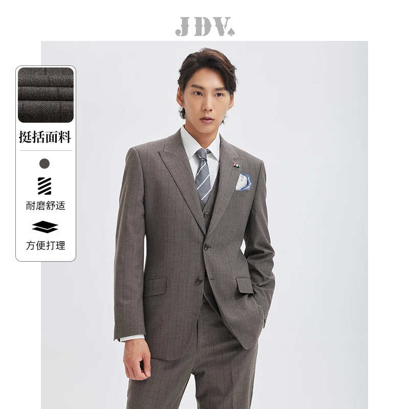 JDV男士秋季深咖色条纹戗驳领单排扣正装西装修身西服外套WMM1929