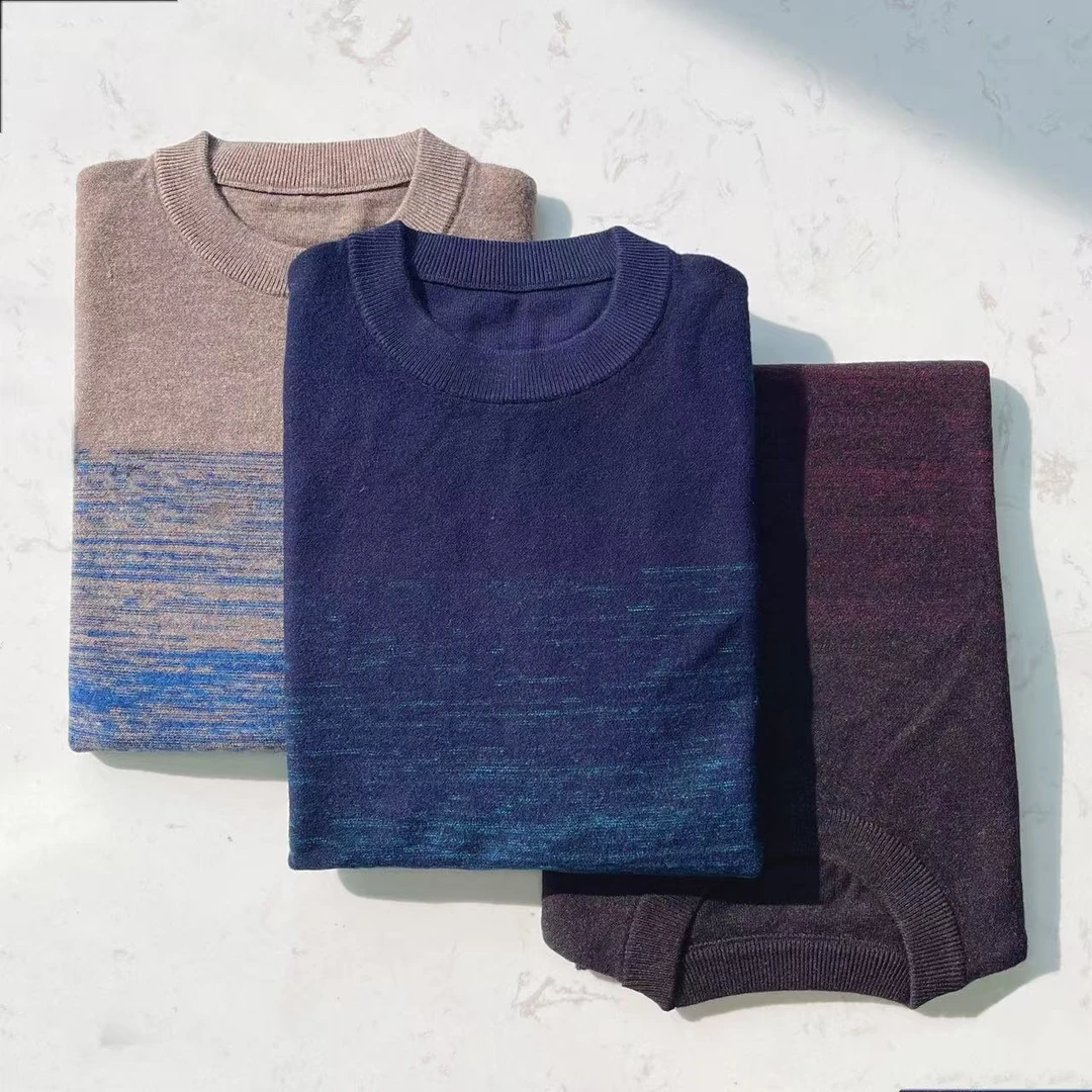 M06 百分百绵羊毛细线彩纱加厚拼色时尚保暖冬季圆领针织衫男士