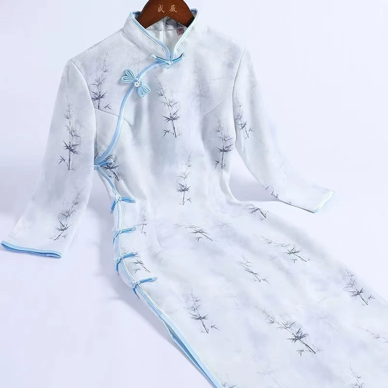 1242 蓝色 缠结花扣 【墨竹】 旗袍