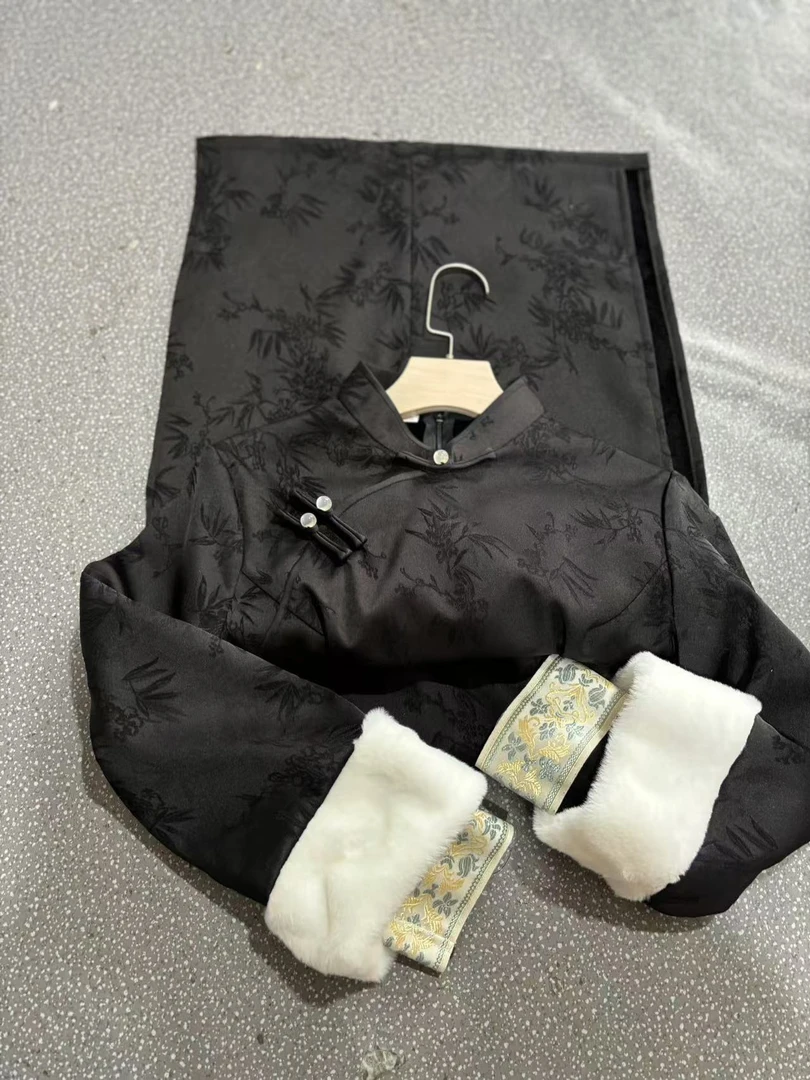 1360 黑色 暗纹 竹叶 双袖【夜色】加绒 旗袍