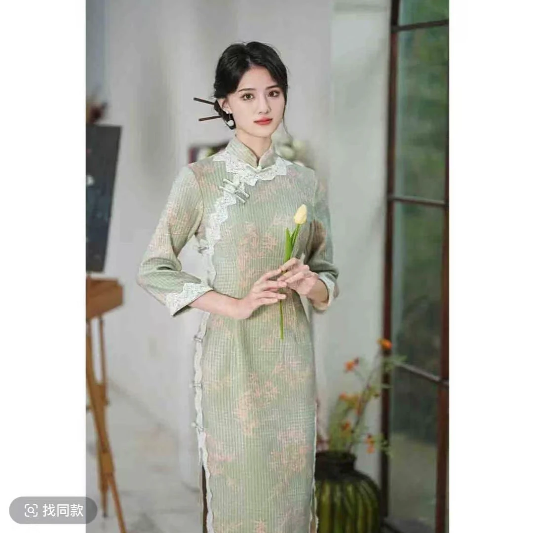 1494 绿色 竹叶 白花边【君子】旗袍