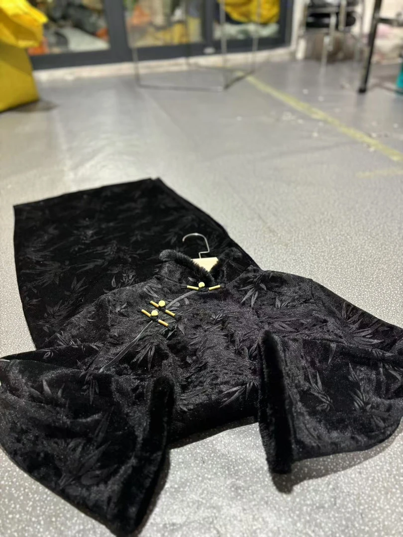 1424 黑色 黑毛领 缠结扣 【竹影】  旗袍