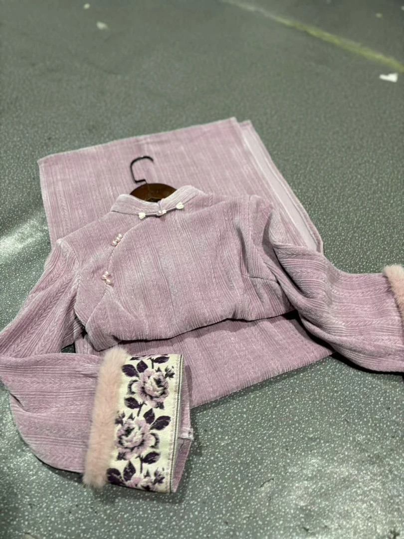 W 5106 紫色 缠结扣 倒大袖【牡丹】 旗袍