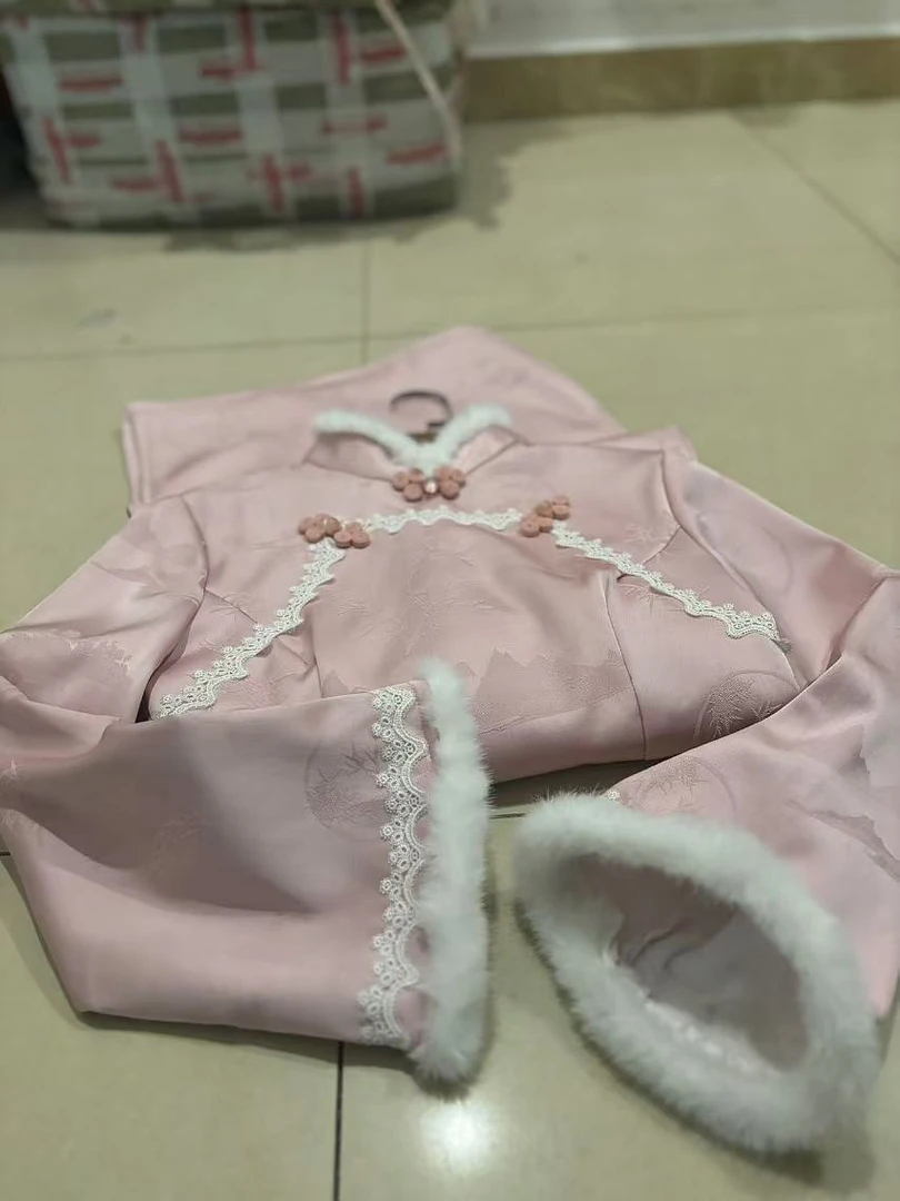 1411 粉色 暗纹 梯形 蕾丝边 加绒 加厚 秋冬 旗袍