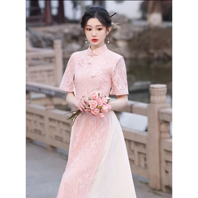 0535 粉色 蕾丝 小猫流苏刺绣 奥戴 旗袍