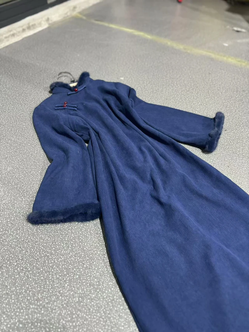 1470 藏蓝色 素板 毛领 【醉玲珑】 旗袍