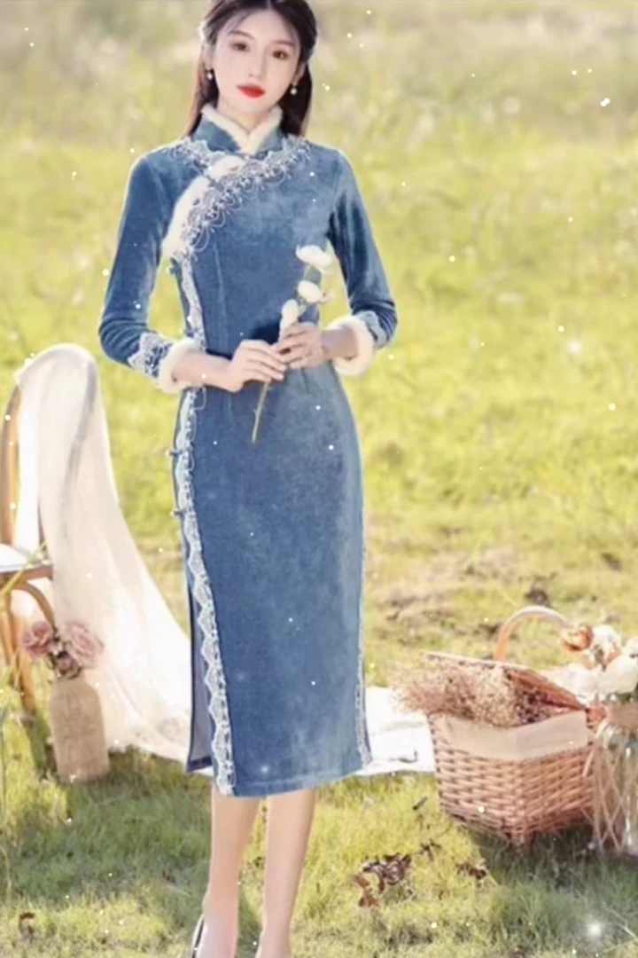 1547 蓝色 白蕾丝花边 【合欢蓝】 旗袍