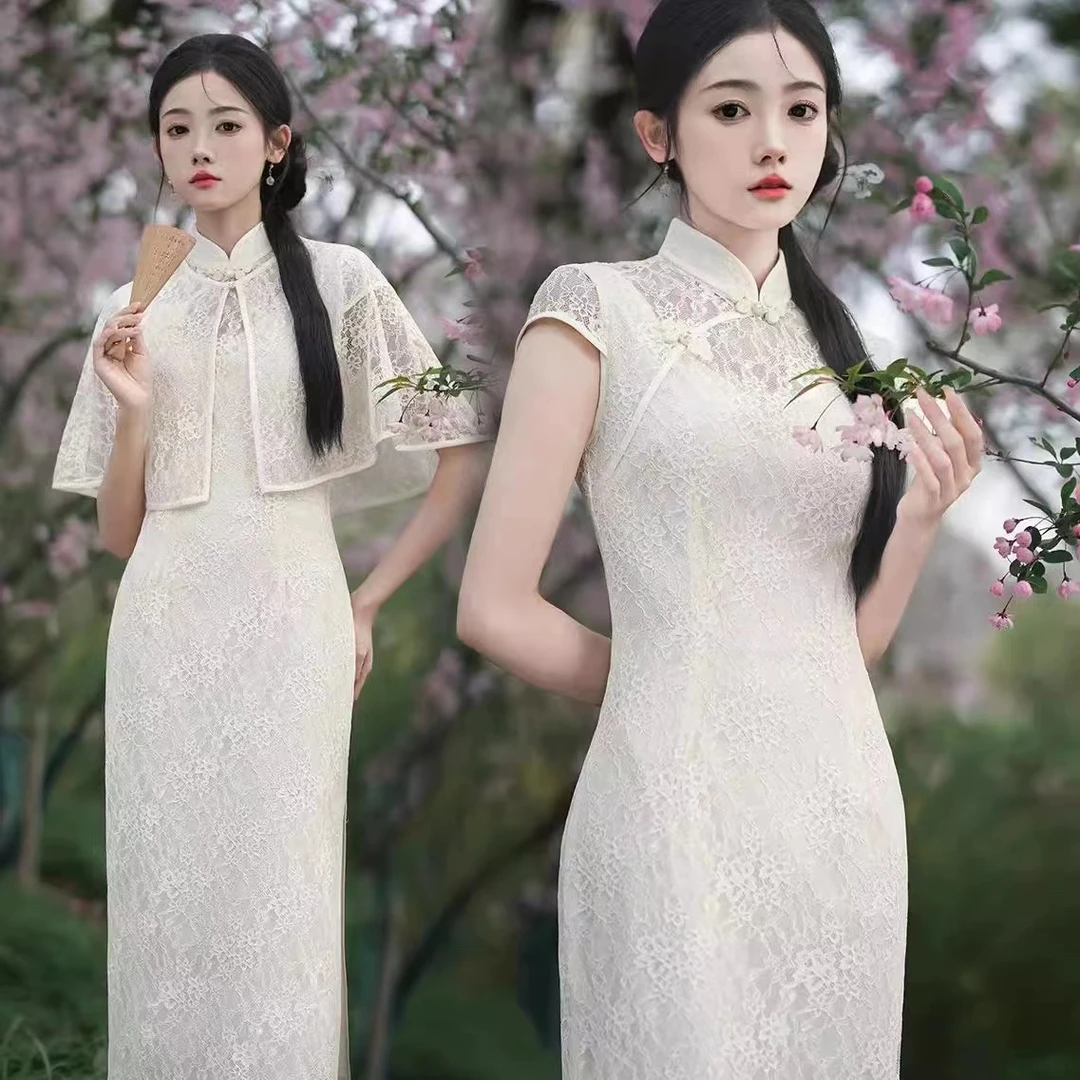 1124  两件套 米白色 蕾丝 旗袍