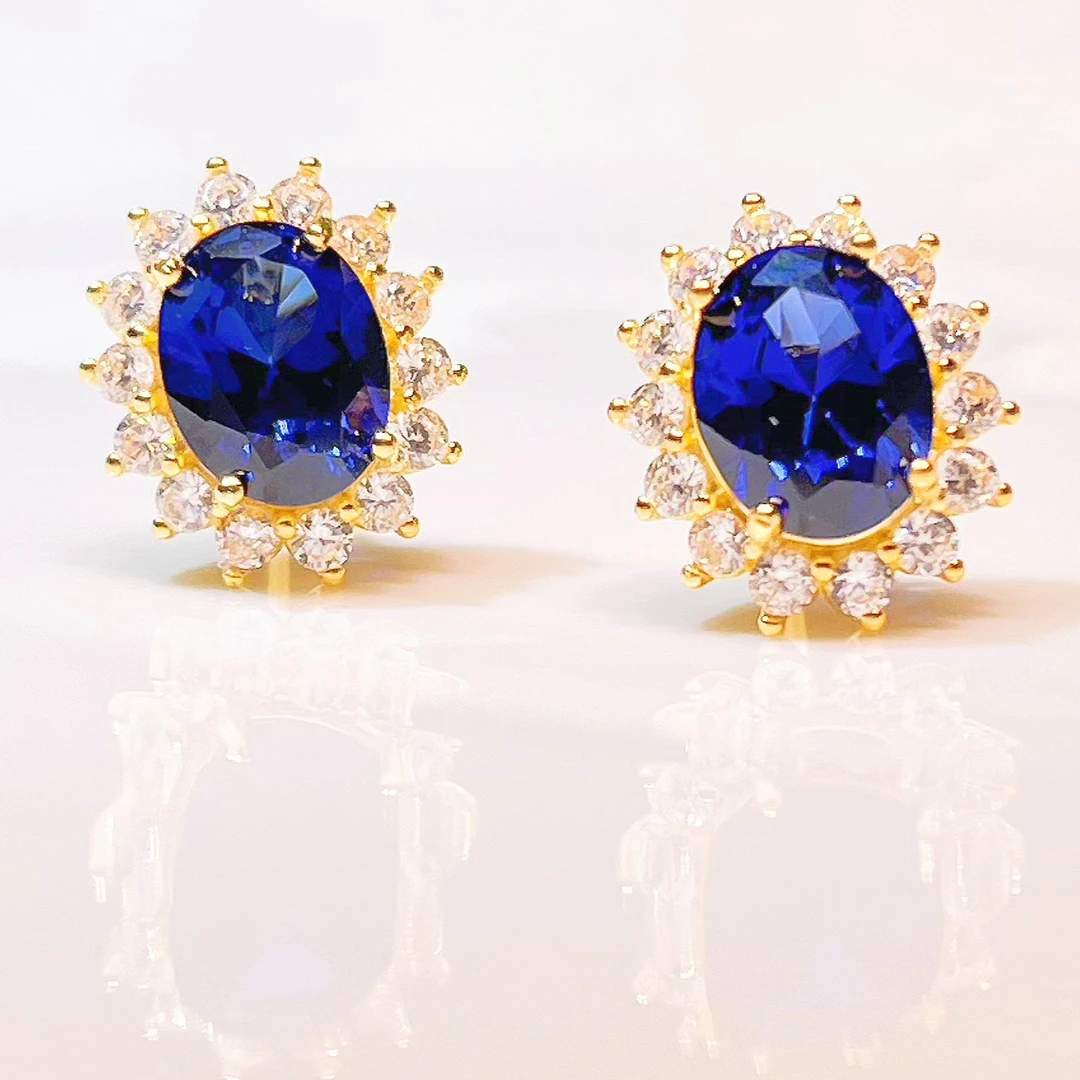 【54】18k金极致优雅太阳花款蓝宝石耳钉一对培育