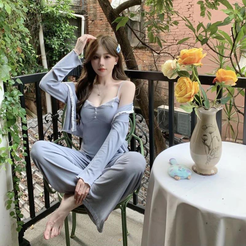 睡衣女简约显瘦三件套装2023年新款纯欲秋冬棉家居服直播气质长袖