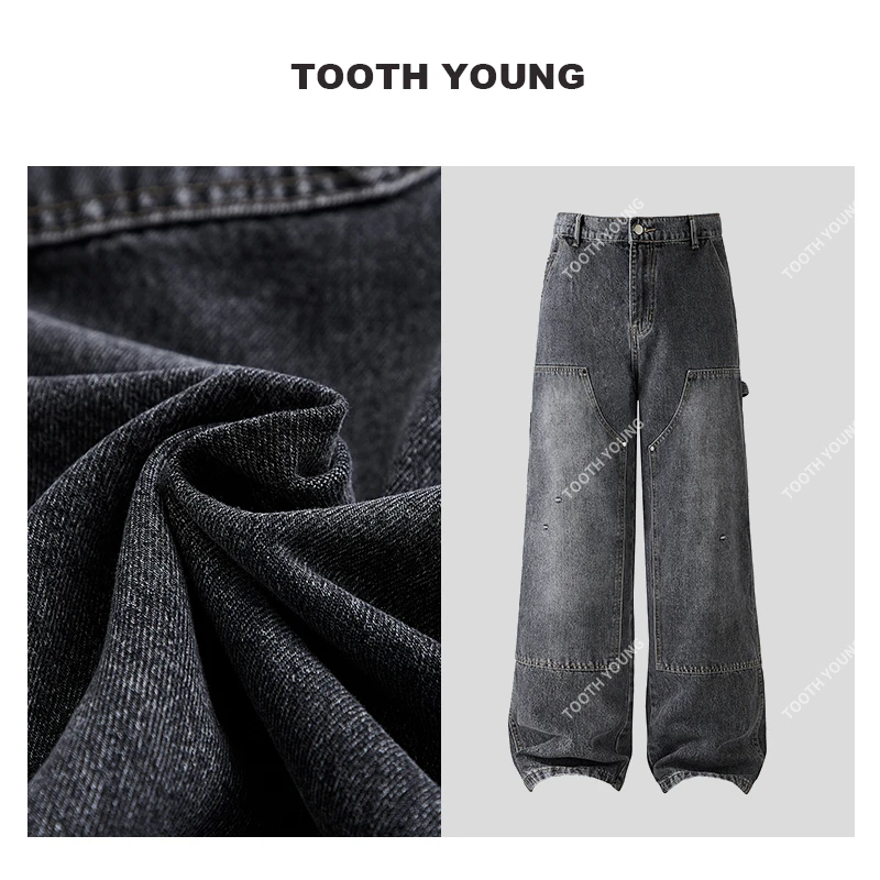 郑一爱穿搭 【双膝伐木牛仔裤】大码男装宽松直筒休闲渐变水裤子