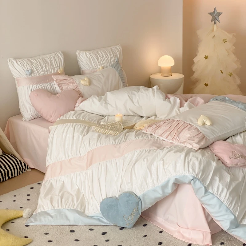 小清新加厚全棉水洗棉四件套立体小爱心纯棉褶皱拼色被套床上用品