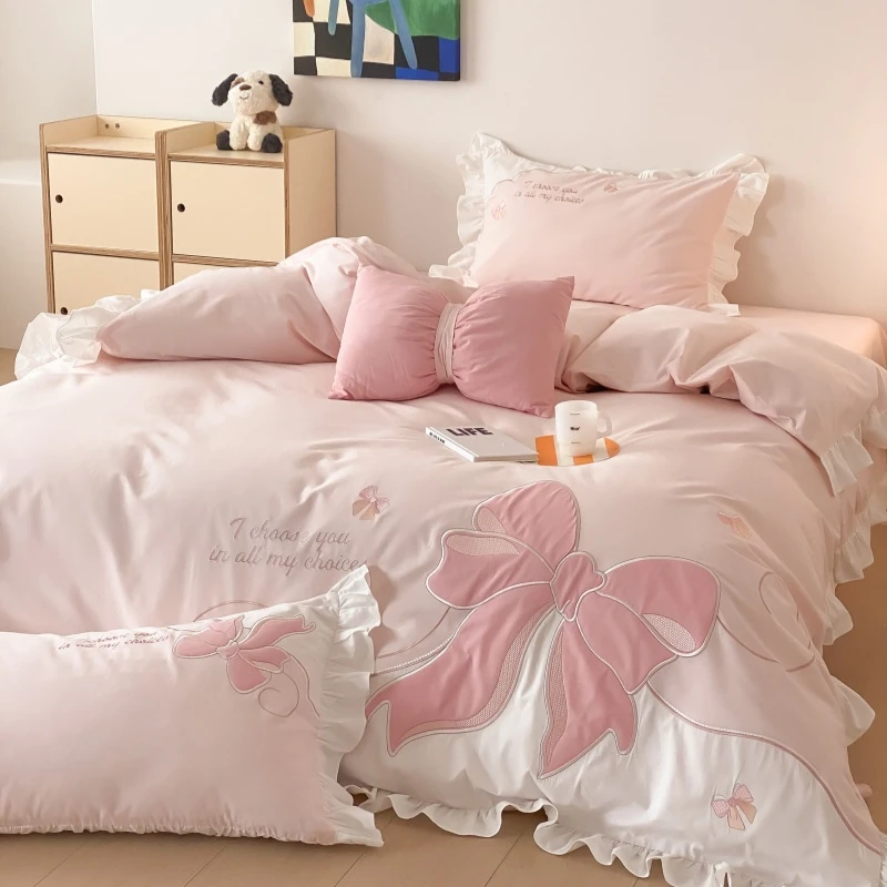 公主风少女心100支纯棉磨毛加厚四件套全棉被套加厚秋冬床上用品4