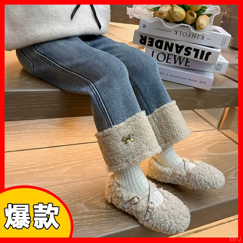 一体直筒裤牛仔裤加绒秋冬装儿童加厚休闲裤子绒时髦冬季保暖女童