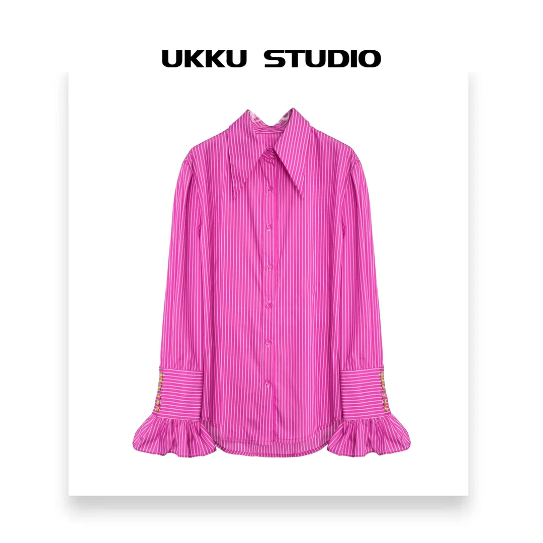 康妮【UKKUSTUDIO】早春小众设计感粉色条纹扣袖衬衫轻奢上衣211663