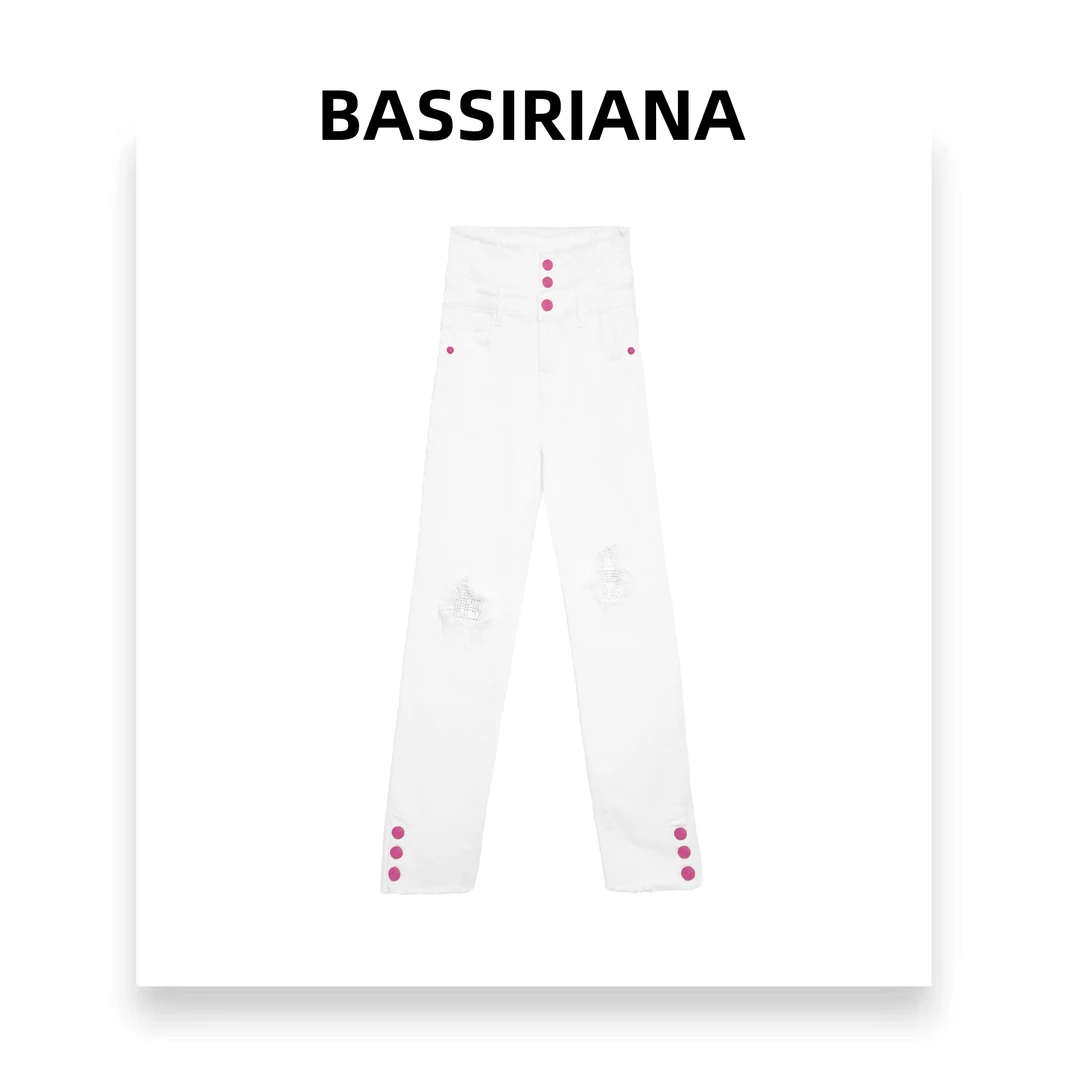 沐【BASSINIANA】休闲裤高腰设计师款个性磨旧破洞牛仔裤211440