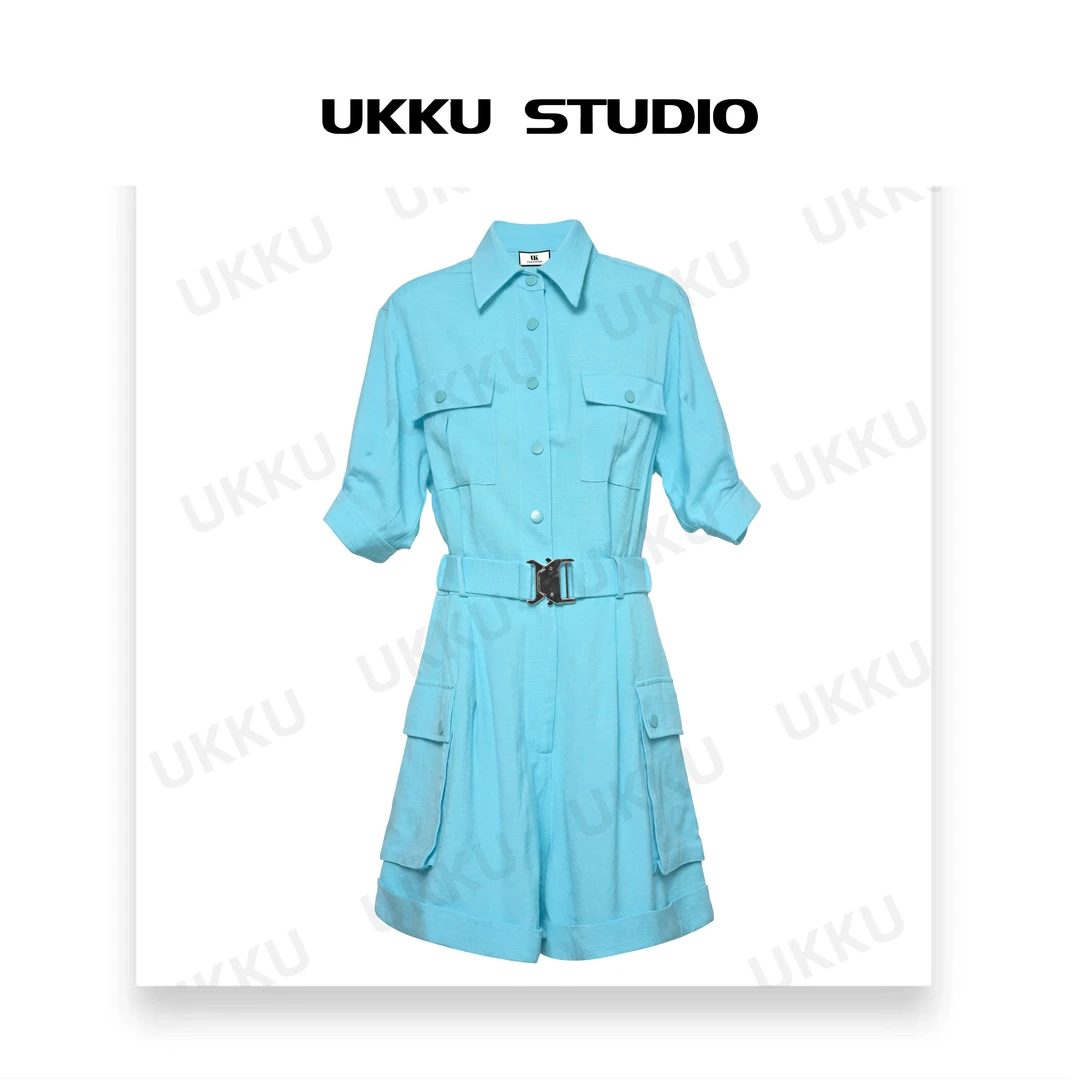 康妮【UKKUSTUDIO】茶歇法式连衣裙赫本风抽绳不规则蓝色裙裤312151