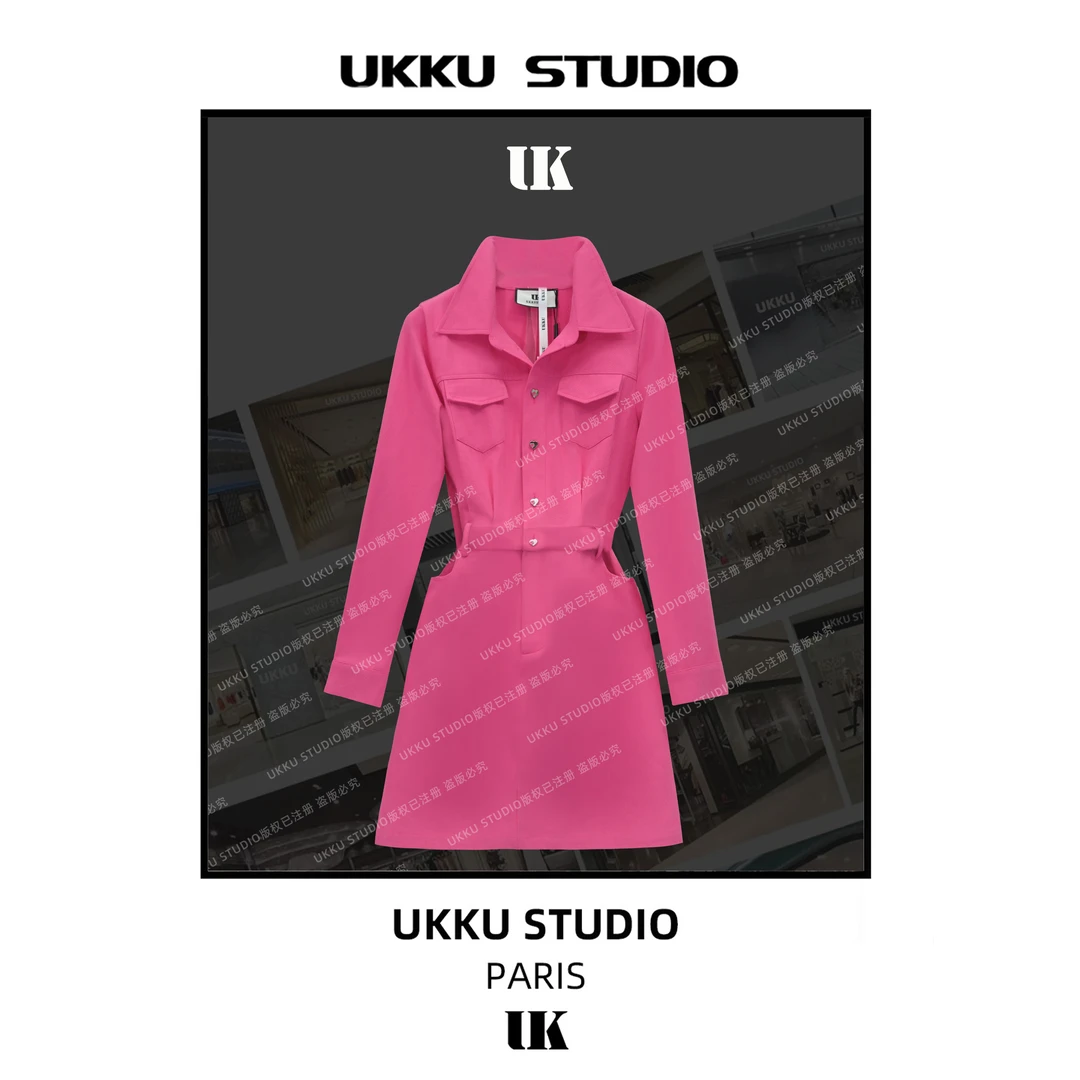 康妮【UKKUSTUDIO】早春显瘦树莓粉网红收腰轻奢牛仔连衣裙312632