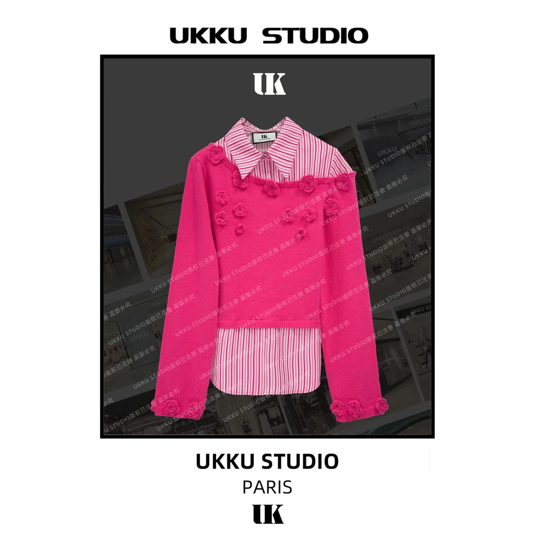 康妮【UKKUSKUDIO】网红气质修身时尚显白百搭拼接假两件衬衫312769