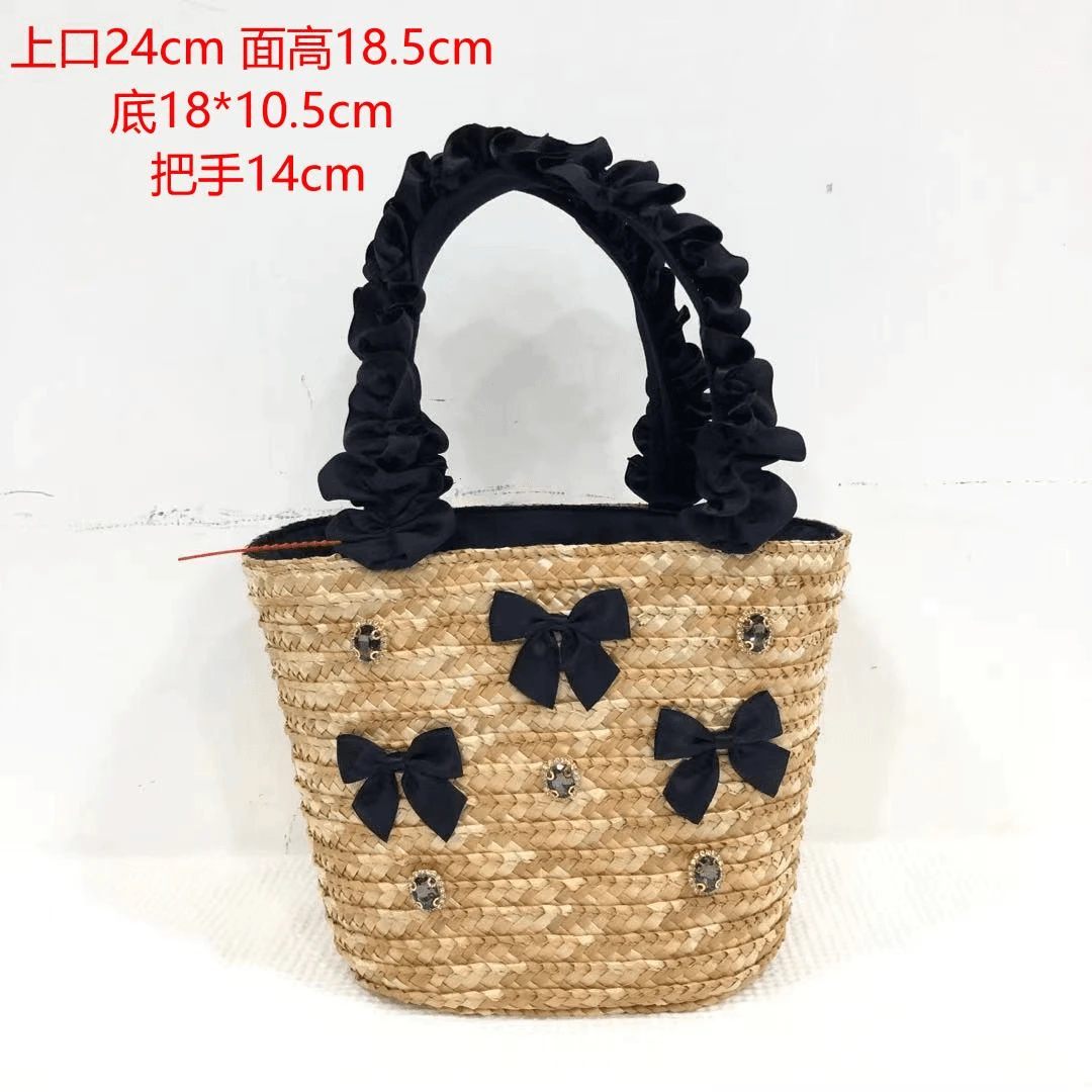 Q33 藏青色日式麦秆草小蝴蝶结手提包