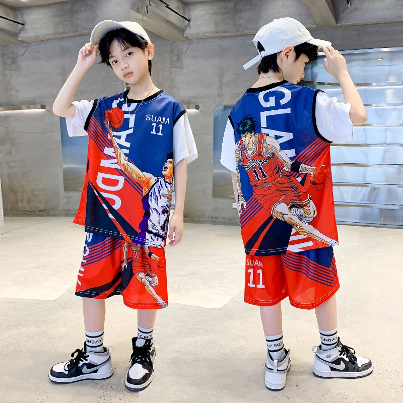 男童夏季冰丝速干网眼套装2023新款夏款中大童篮球服两件套运动服