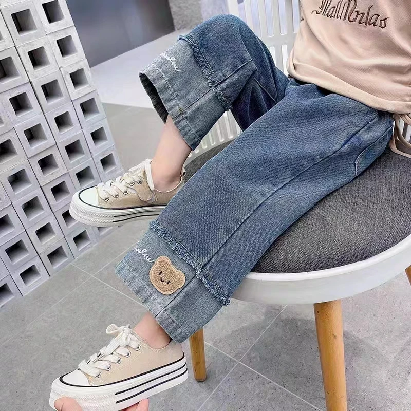 女童牛仔阔腿裤春季新直筒宝宝时髦裤子儿童直筒宽松毛边洋气长裤