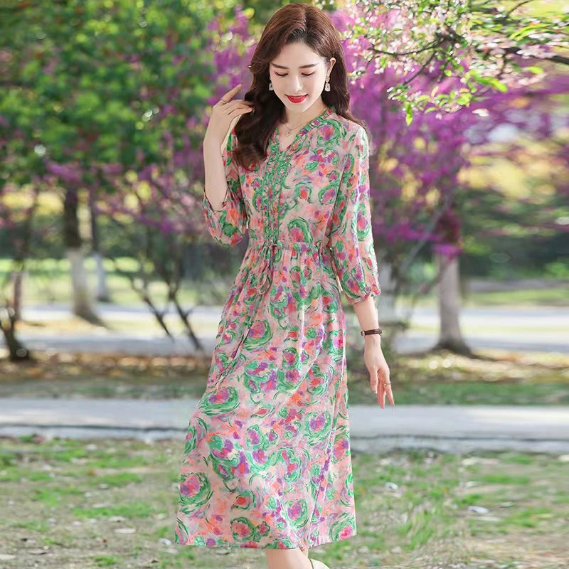 P-H-5585新款花边领洋气靓丽女人花色高级感连衣裙