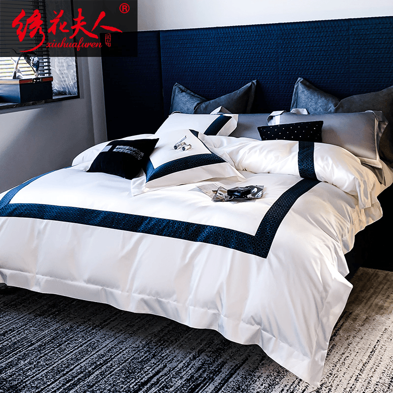 绣花夫人【蓝调白】pima棉色织提花四件套/CR工艺