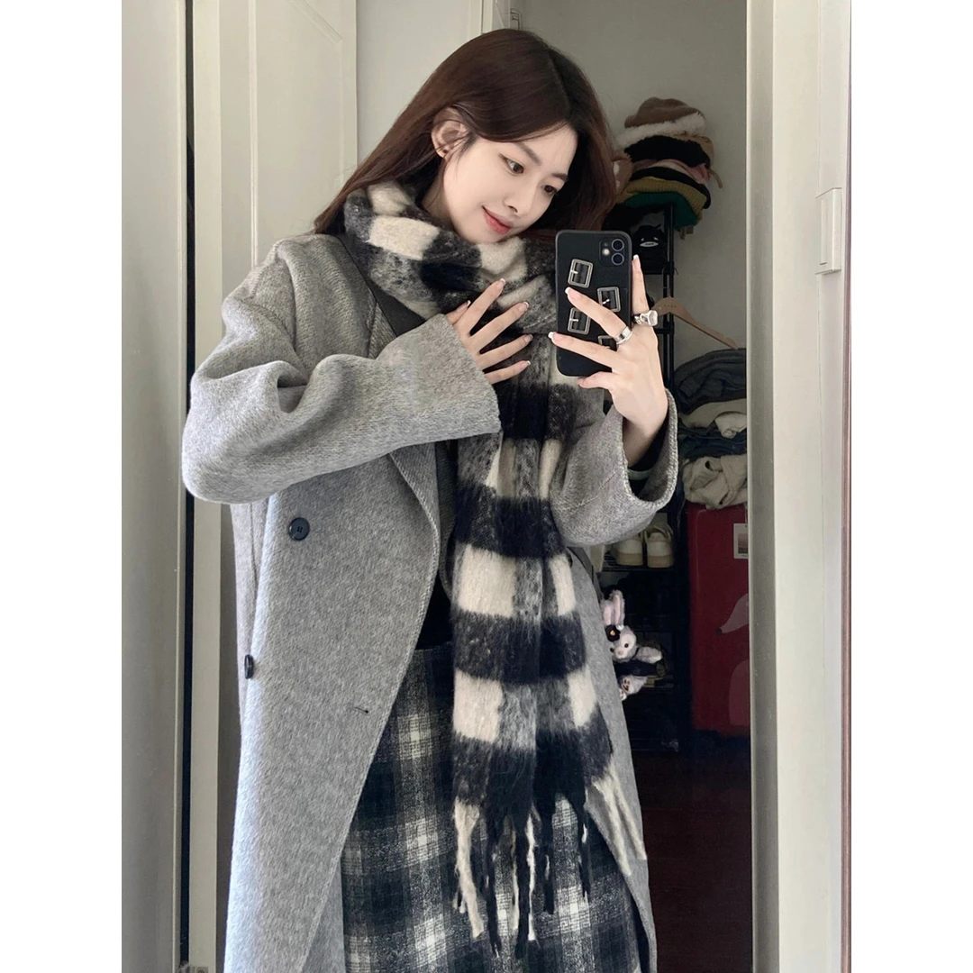 秋冬季新款杏色黑色毛呢外套赫本风小个子170高个子大衣加厚爆款