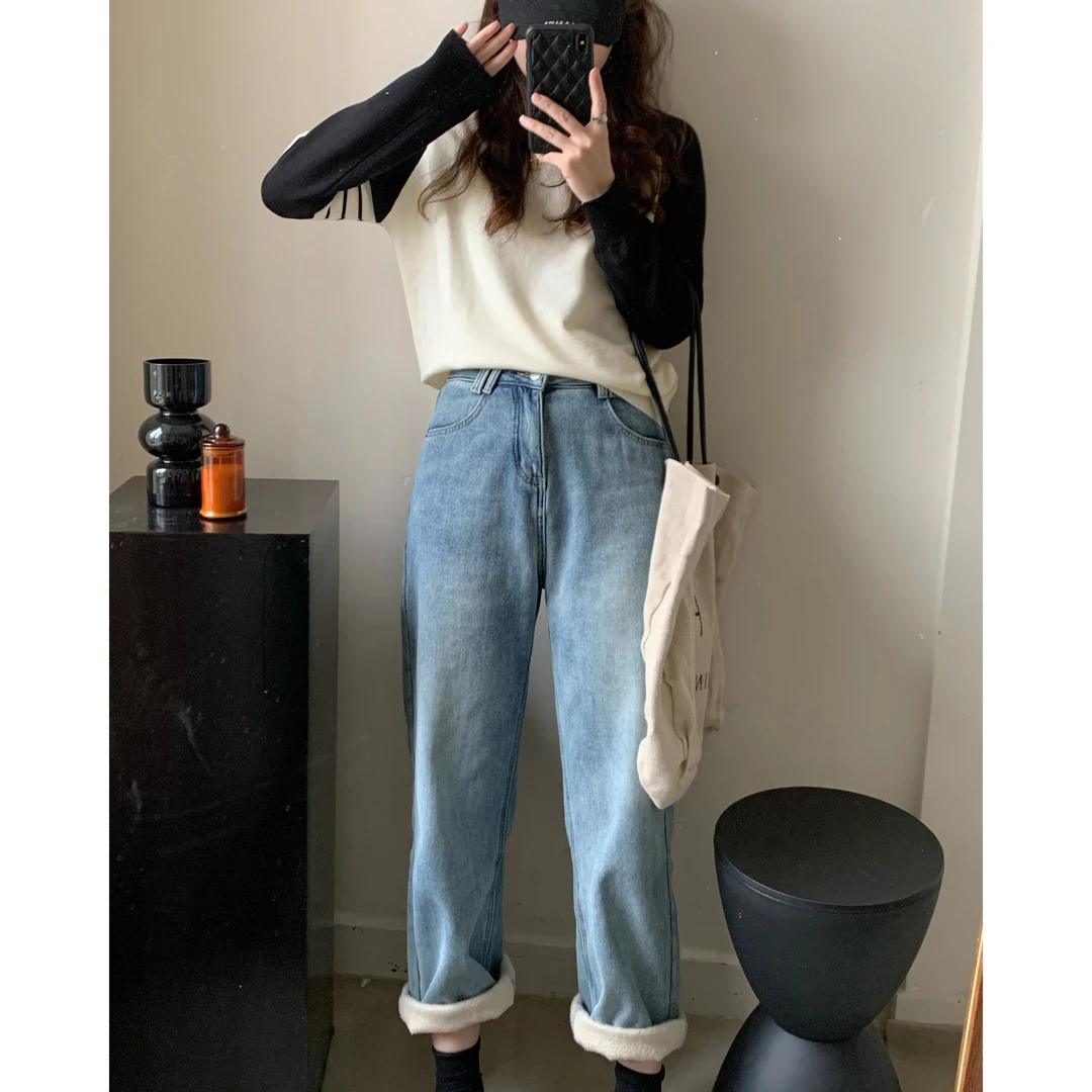 牛仔裤加绒女款高小个子水洗复古蓝色2023冬季韩版高腰显瘦阔腿裤